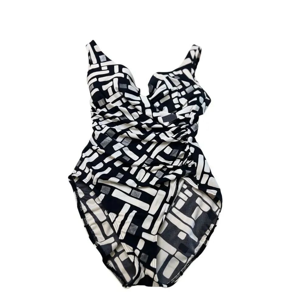 Miraclesuit Womens Geometric Print Estilo One-Piece Swimsuit Black White Size 14